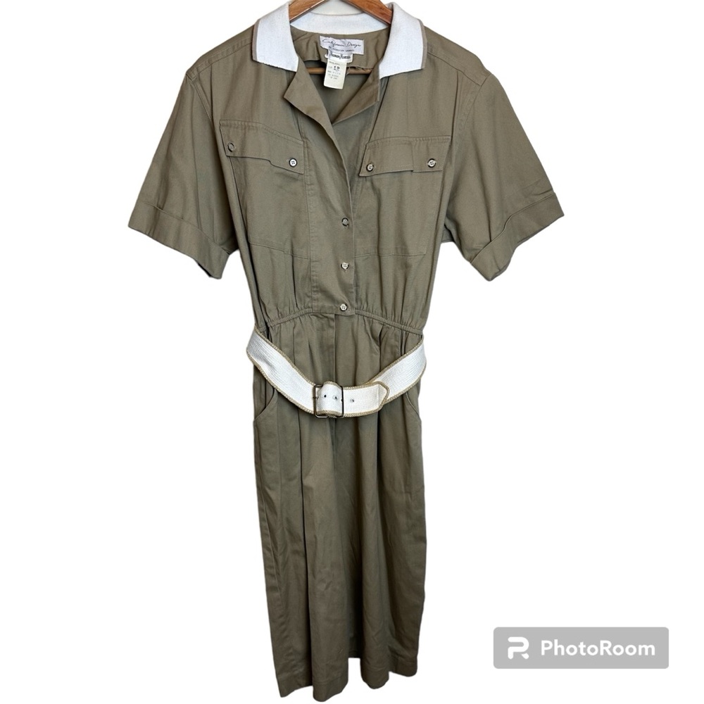 Vintage California Design By Dorothy Samuel Safari Dress Belted Padded Shoulders